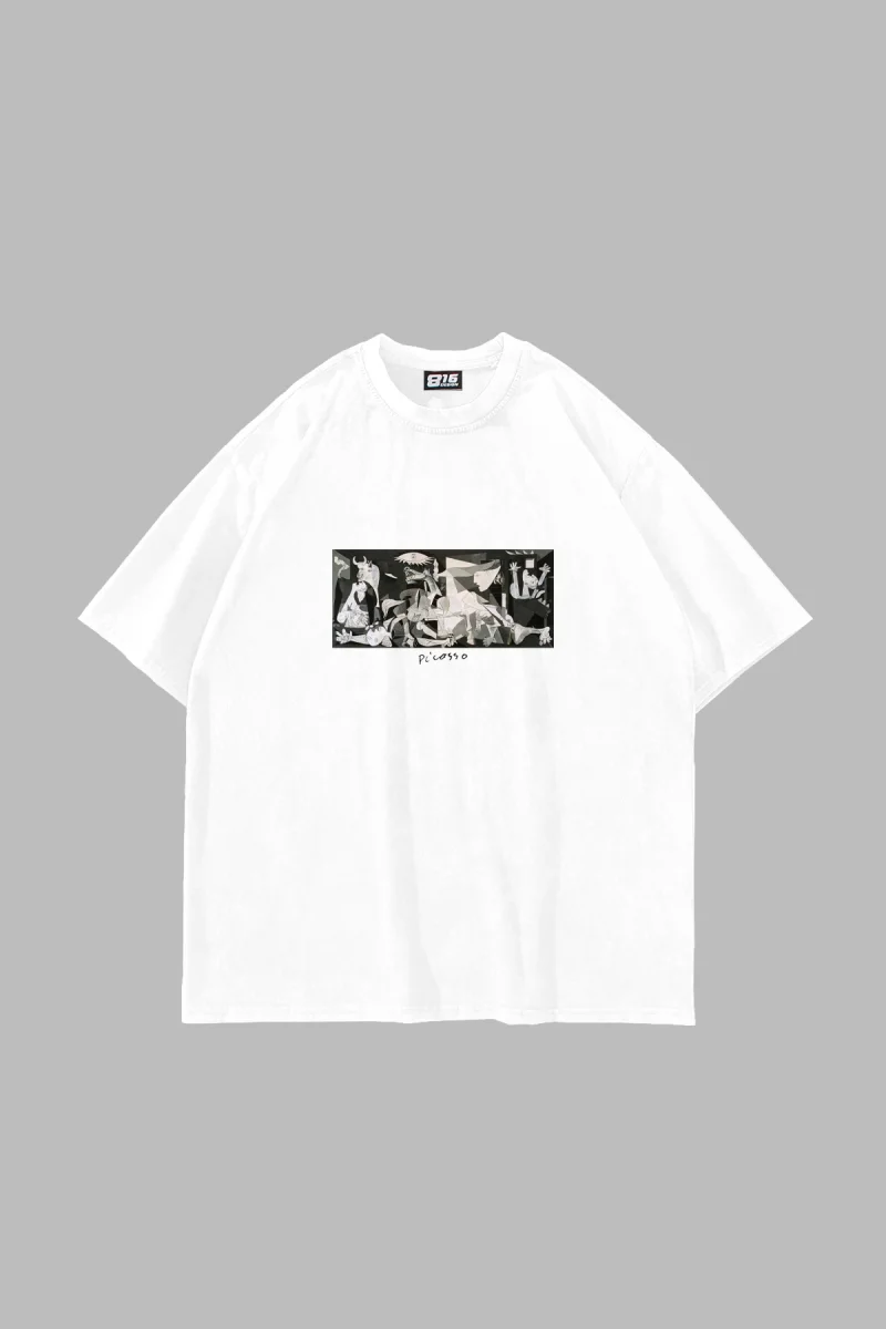 Picasso Guernica Baskılı Oversize Unisex Beyaz Tshirt