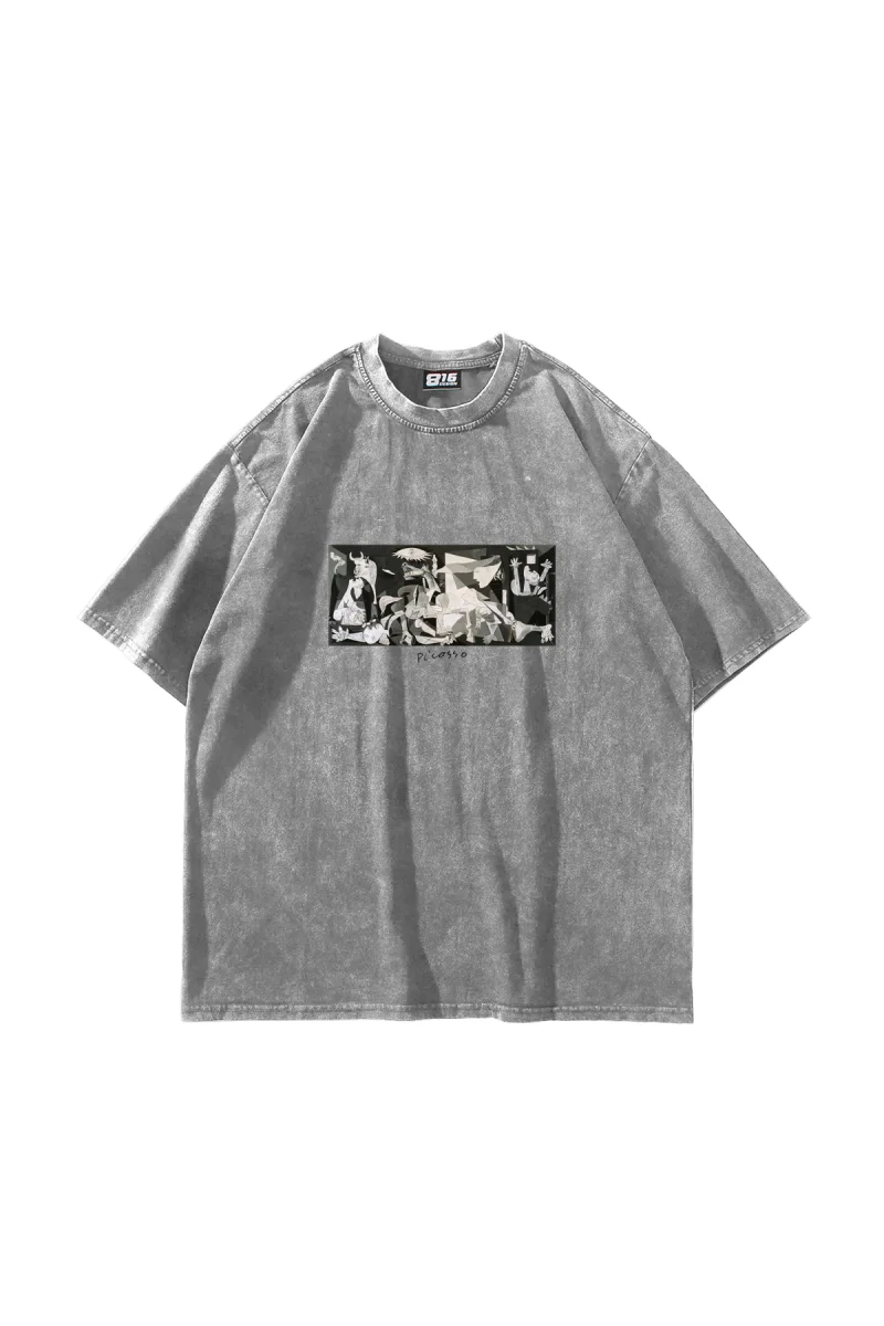 Picasso Guernica Baskılı Oversize Unisex Yıkamalı Beyaz Tshirt