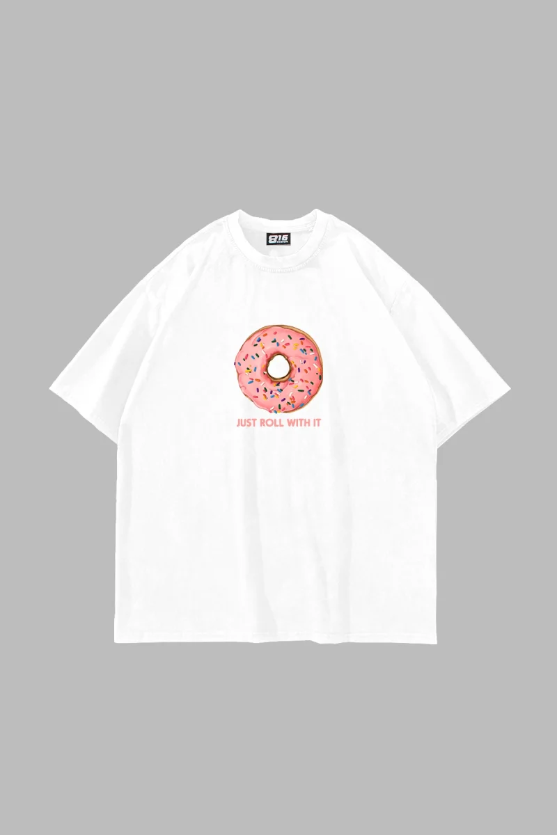 Pink Donut Baskılı Oversize Unisex Beyaz Tshirt