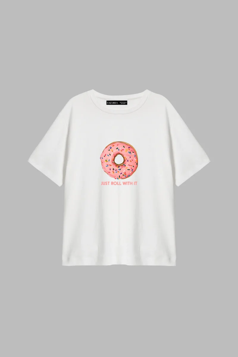 Pink Donut Baskılı Relaxed Fit Beyaz Kadın Tshirt