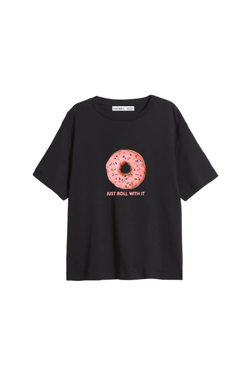 Pink Donut Baskılı Relaxed Fit Siyah Kadın Tshirt
