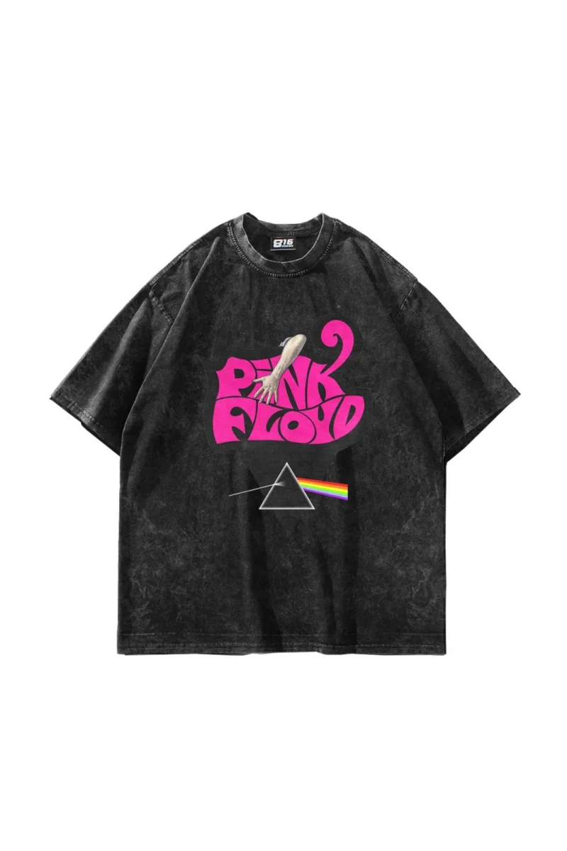 Pink Floyd Baskılı Oversize Unisex Yıkamalı Siyah Tshirt