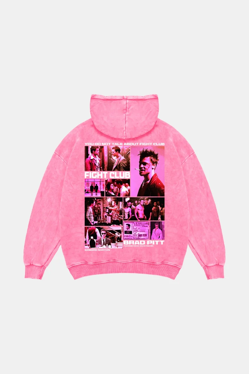 Fight Club Baskılı Oversize Unisex Yıkamalı Pembe Hoodie