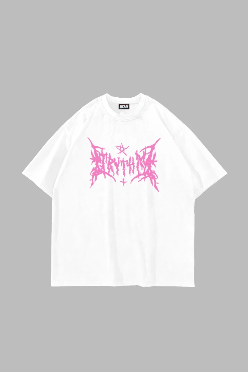 Pink Gotik Baskılı Oversize Unisex Beyaz Tshirt