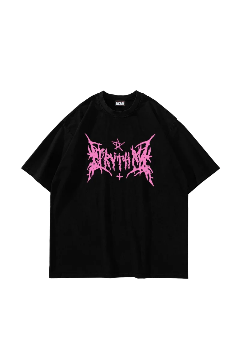 Pink Gotik Baskılı Oversize Unisex Siyah Tshirt