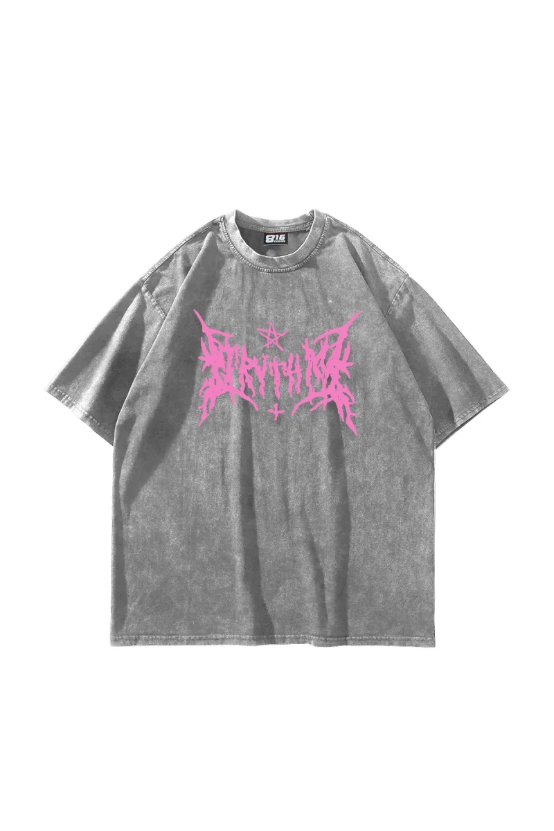 Pink Gotik Baskılı Oversize Unisex Yıkamalı Beyaz Tshirt