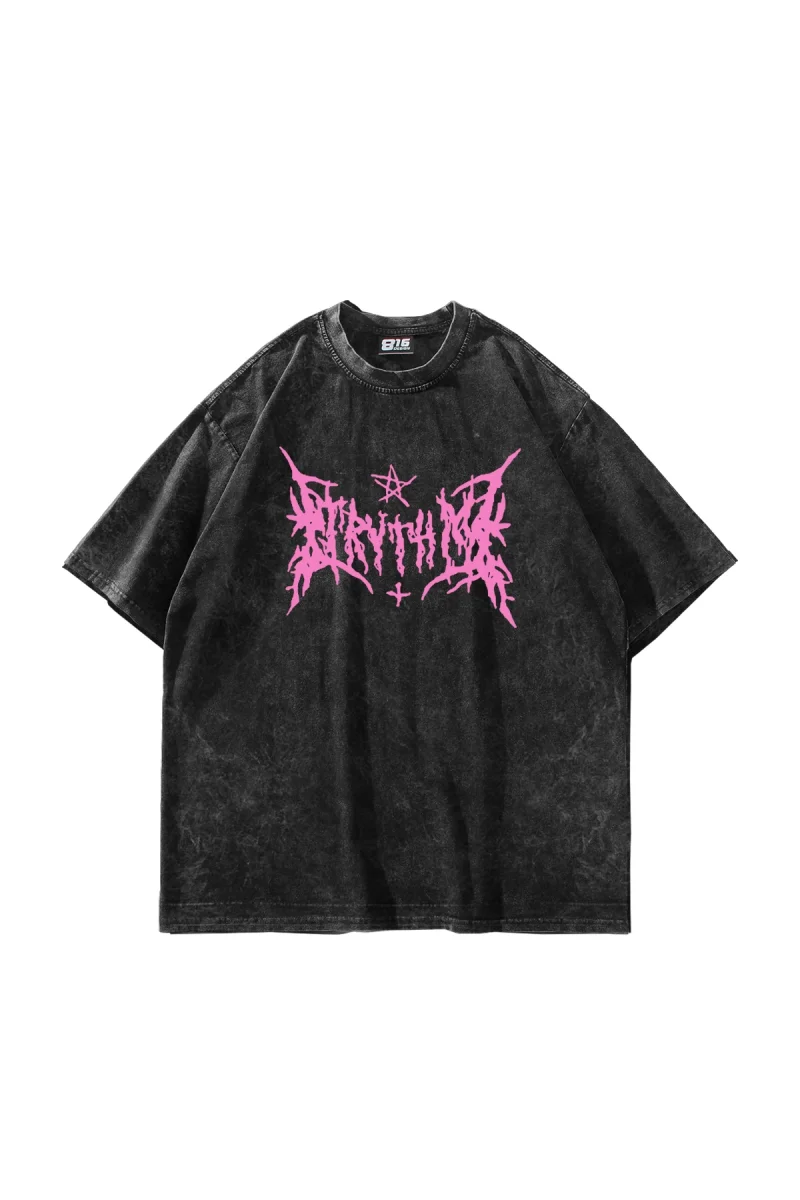 Pink Gotik Baskılı Oversize Unisex Yıkamalı Siyah Tshirt