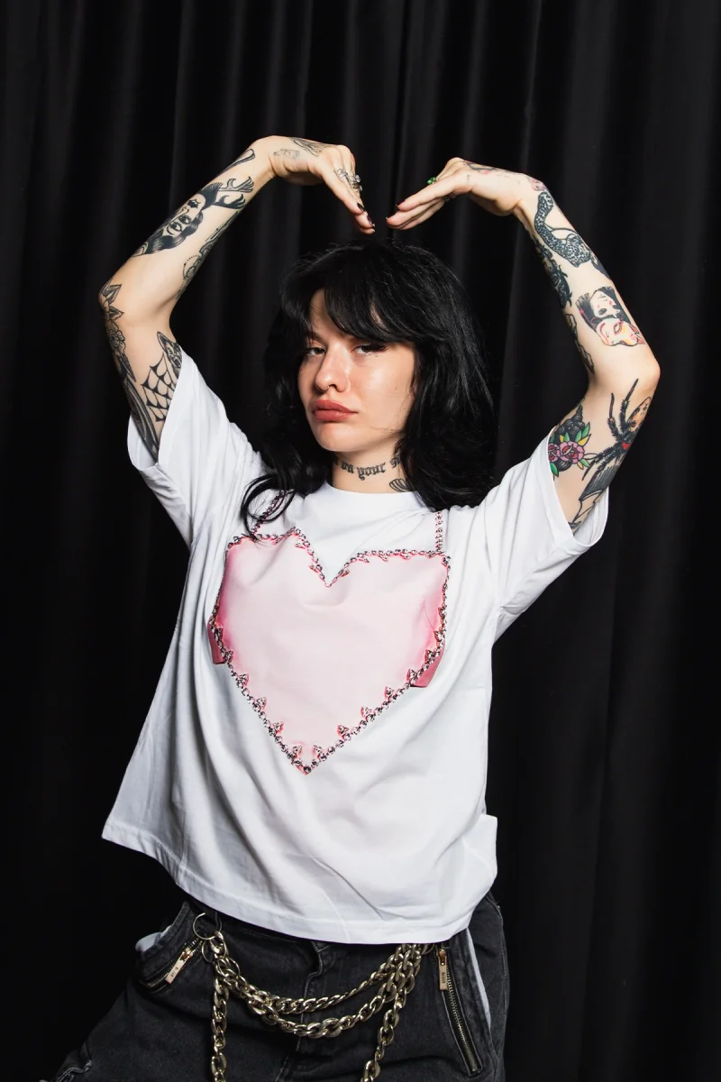 Pink Heart Baskılı Relaxed Fit Beyaz Kadın Tshirt