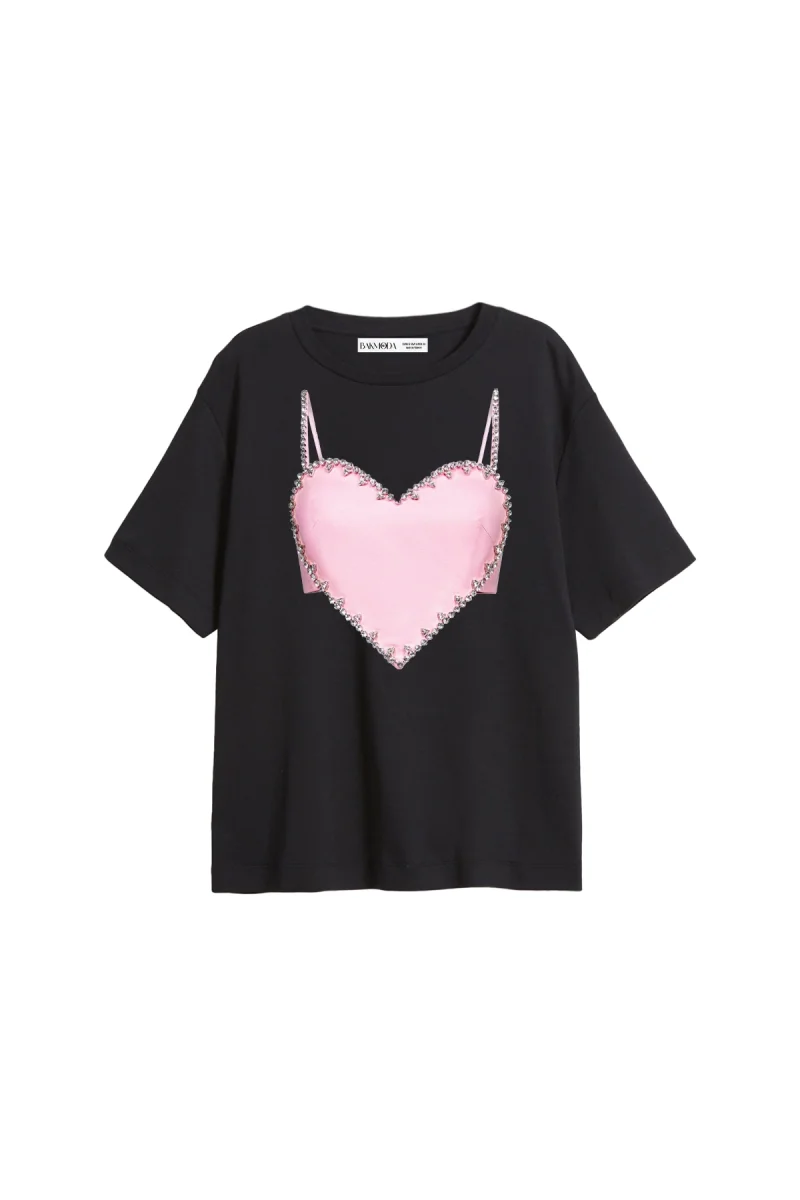 Pink Heart Baskılı Relaxed Fit Siyah Kadın Tshirt