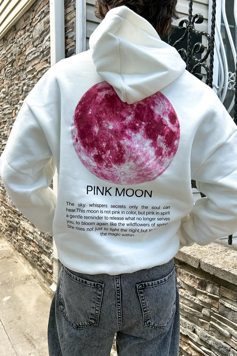 Pink Moon Baskılı Oversize Unisex Beyaz Hoodie