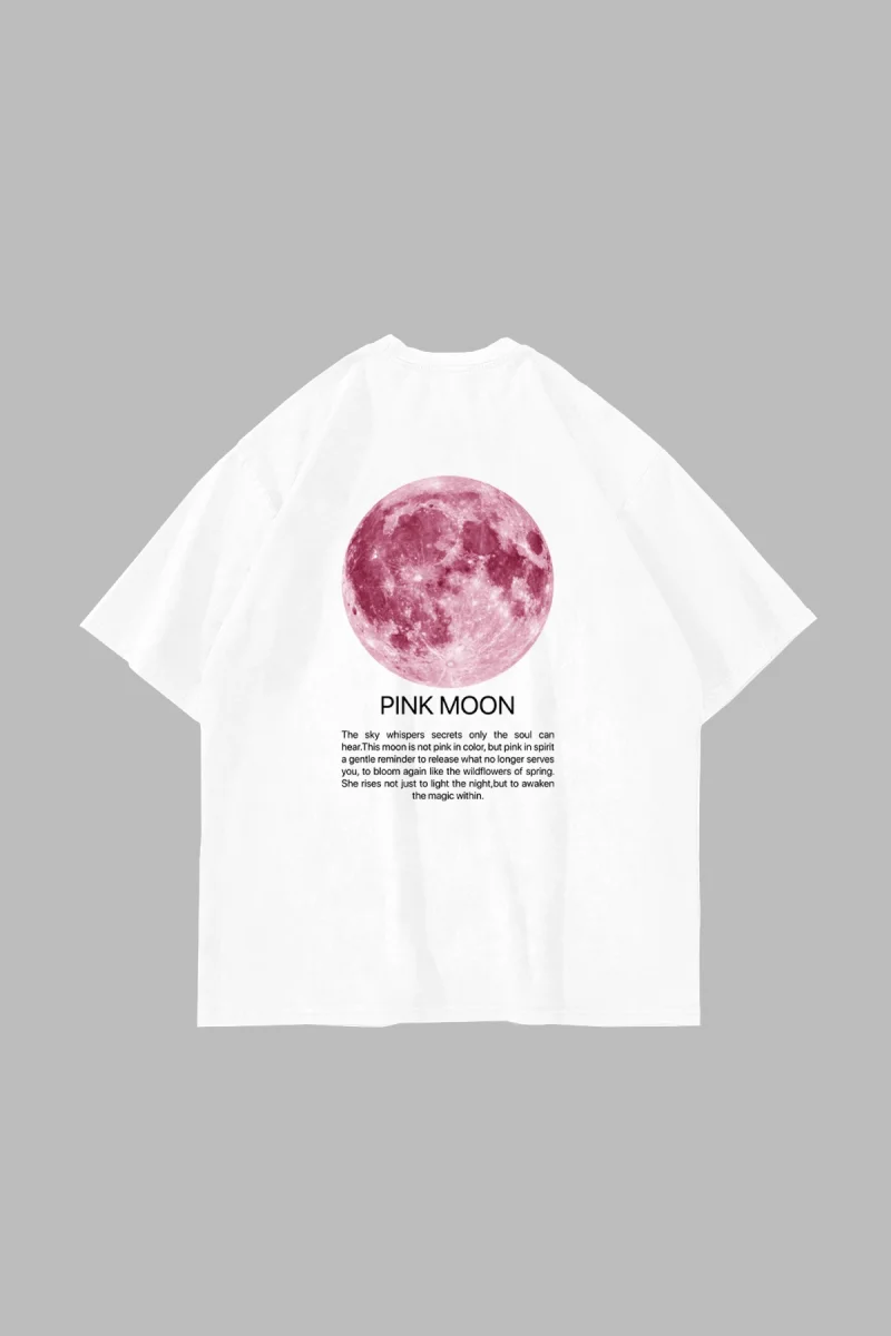 Pink Moon Baskılı Oversize Unisex Beyaz Tshirt