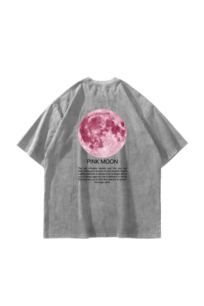 Pink Moon Baskılı Oversize Unisex Yıkamalı Beyaz Tshirt