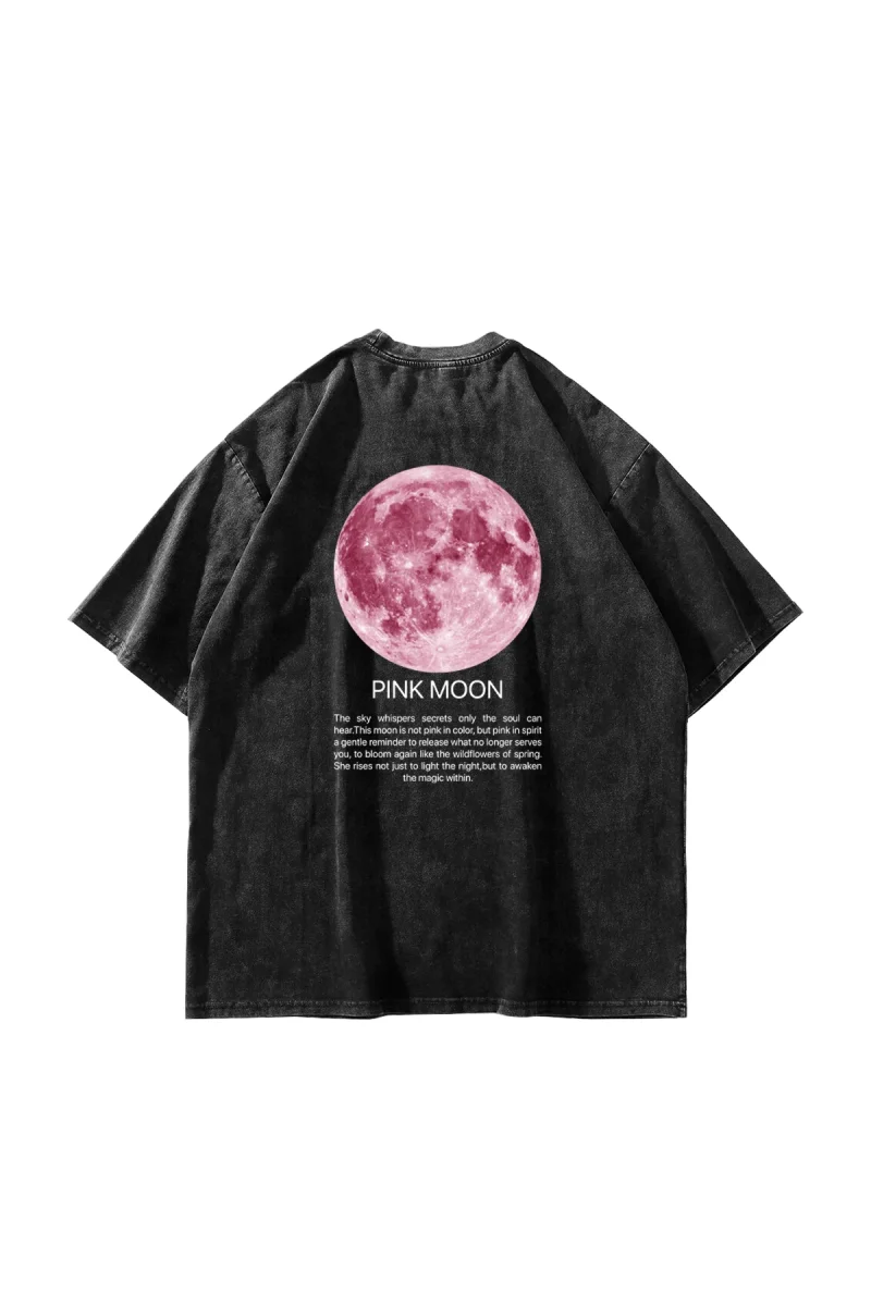 Pink Moon Baskılı Oversize Unisex Yıkamalı Siyah Tshirt