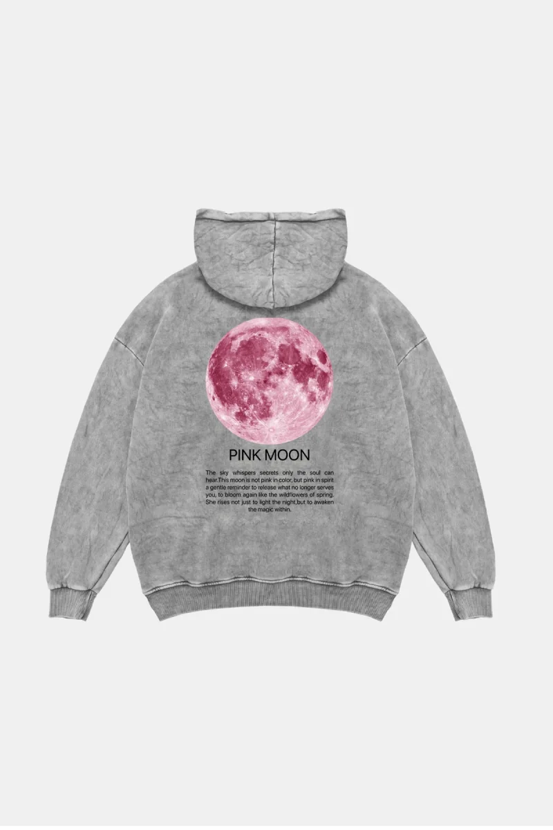 Pink Moon Oversize Unisex Yıkamalı Beyaz Hoodie