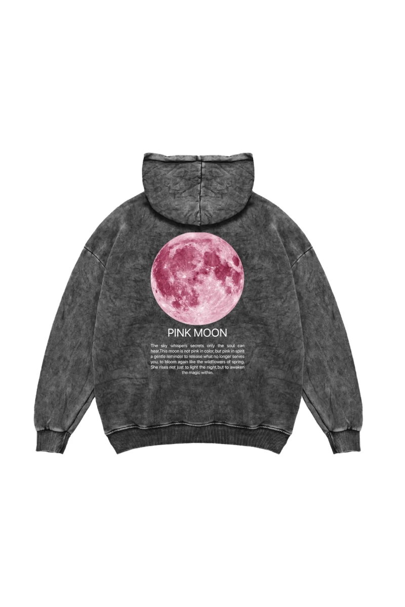 Pink Moon Oversize Unisex Yıkamalı Siyah Hoodie