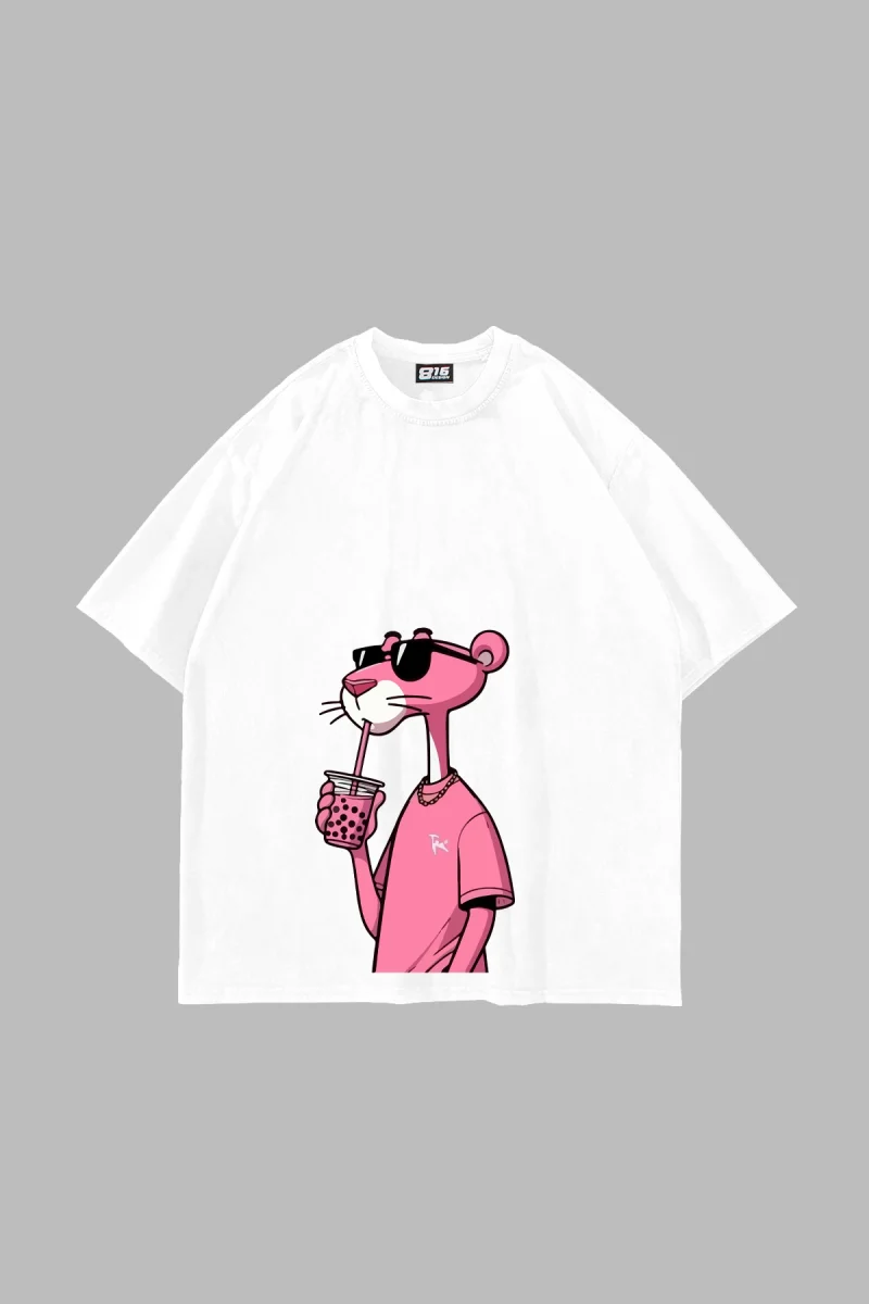Pink Pant Baskılı Oversize Unisex Beyaz Tshirt