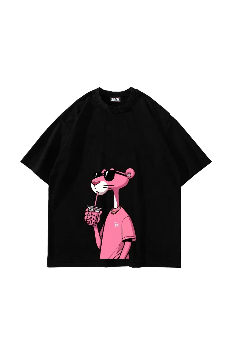 Pink Pant Baskılı Oversize Unisex Siyah Tshirt