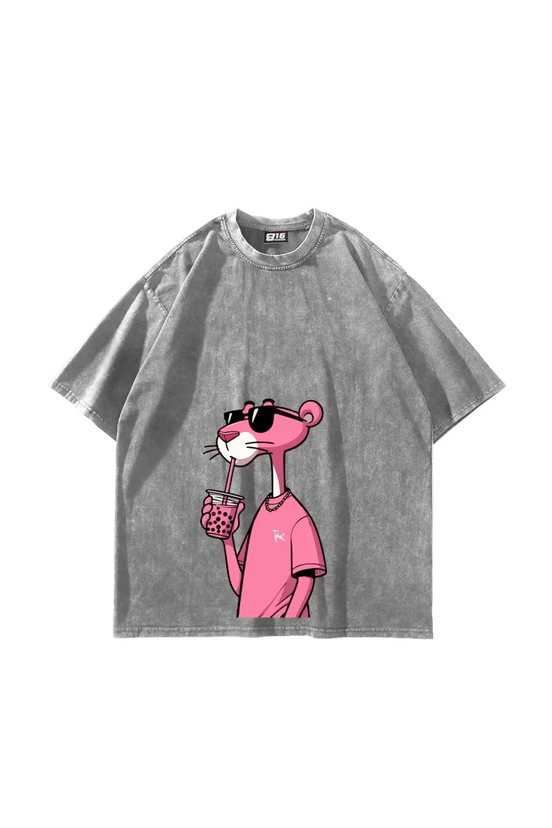 Pink Pant Baskılı Oversize Unisex Yıkamalı Beyaz Tshirt