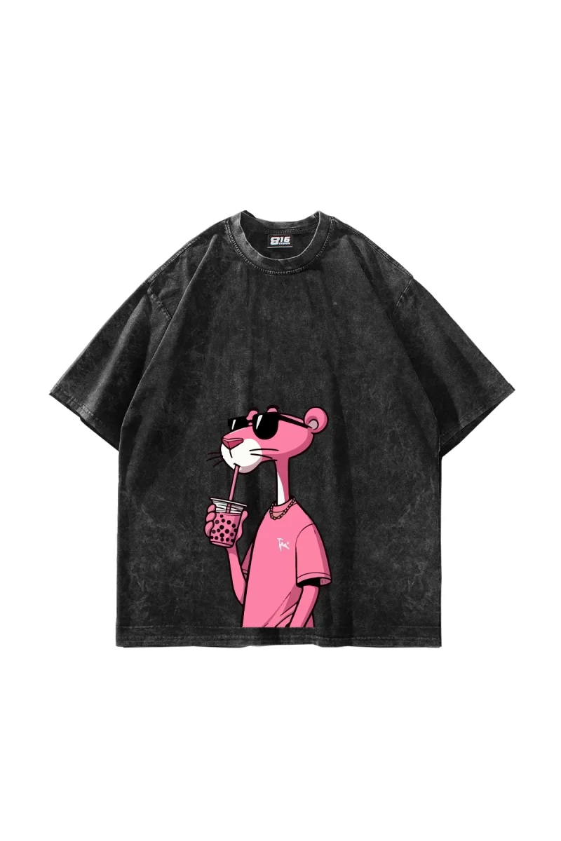 Pink Pant Baskılı Oversize Unisex Yıkamalı Siyah Tshirt