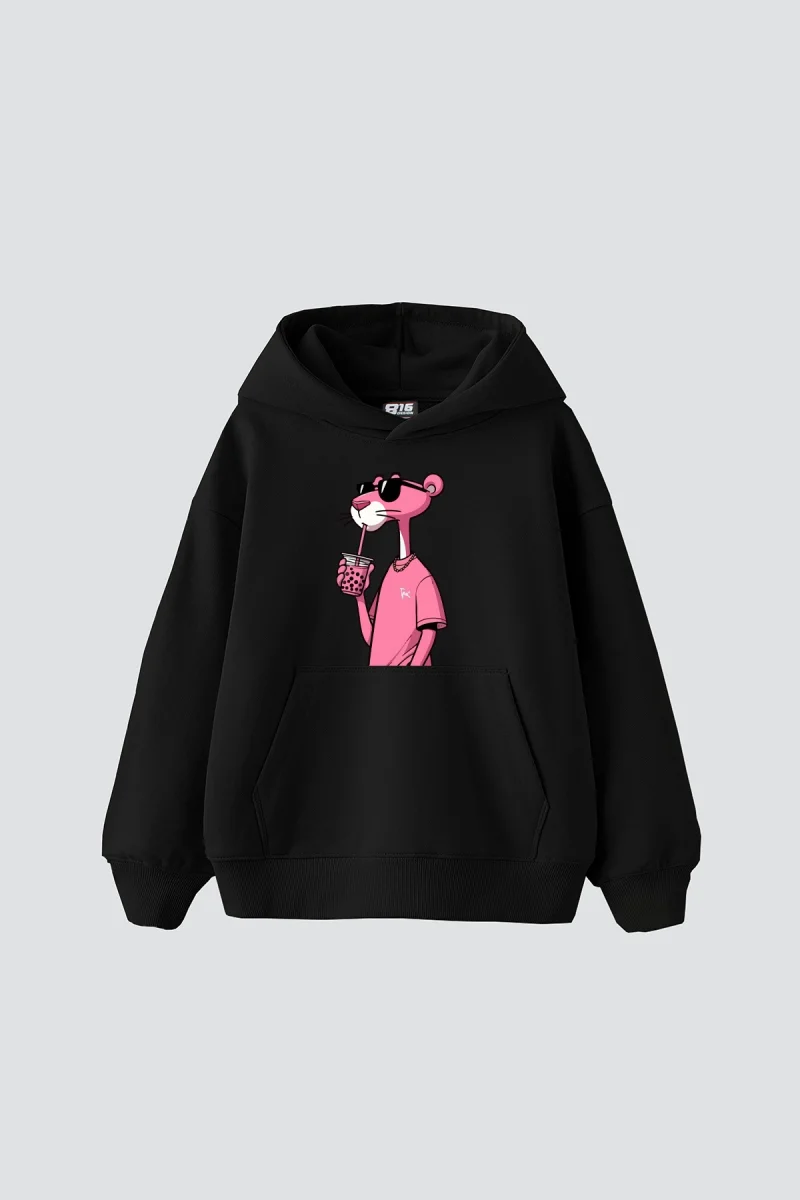Pink Panther V2 Baskılı Oversize Unisex Siyah Hoodie