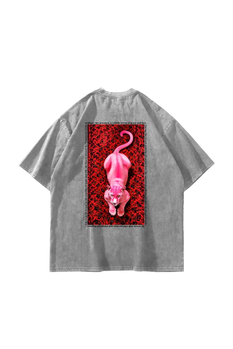 Pink Panther Baskılı Oversize Unisex Yıkamalı Beyaz Tshirt