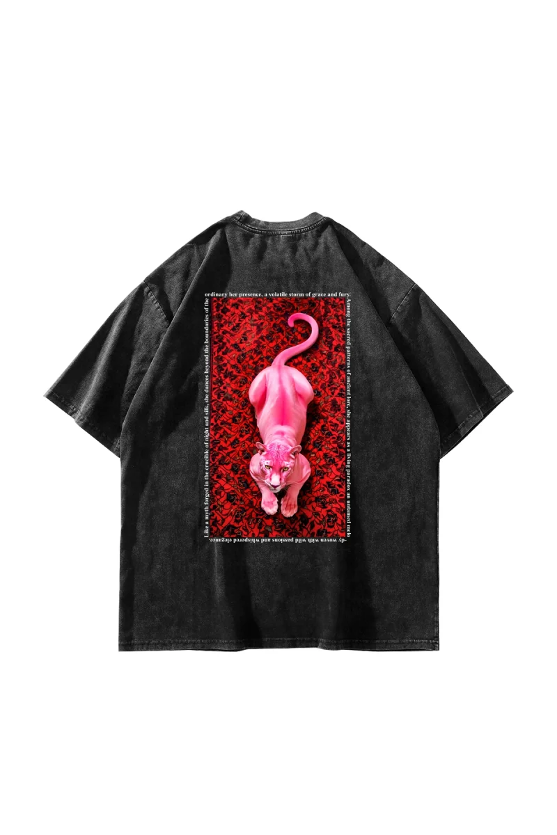 Pink Panther Baskılı Oversize Unisex Yıkamalı Siyah Tshirt