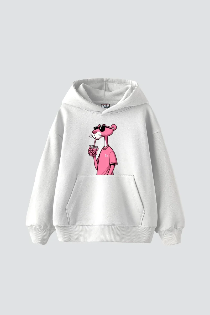 Pink Panther V2 Baskılı Oversize Unisex Beyaz Hoodie