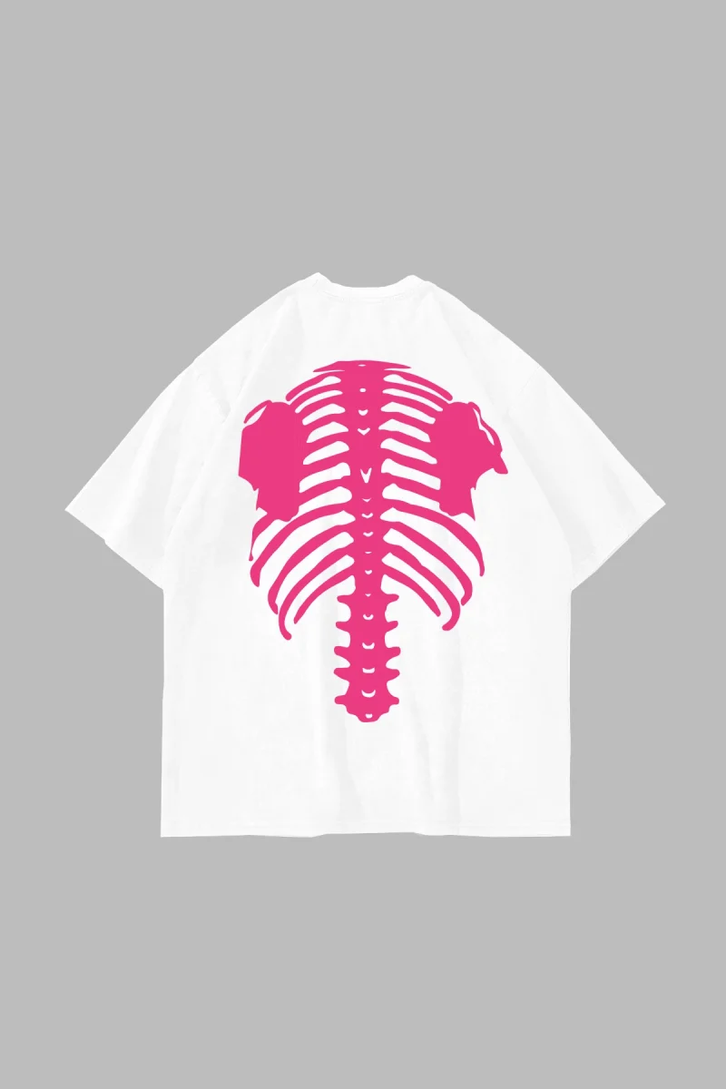 Pink Ribcage Baskılı Oversize Unisex Beyaz Tshirt
