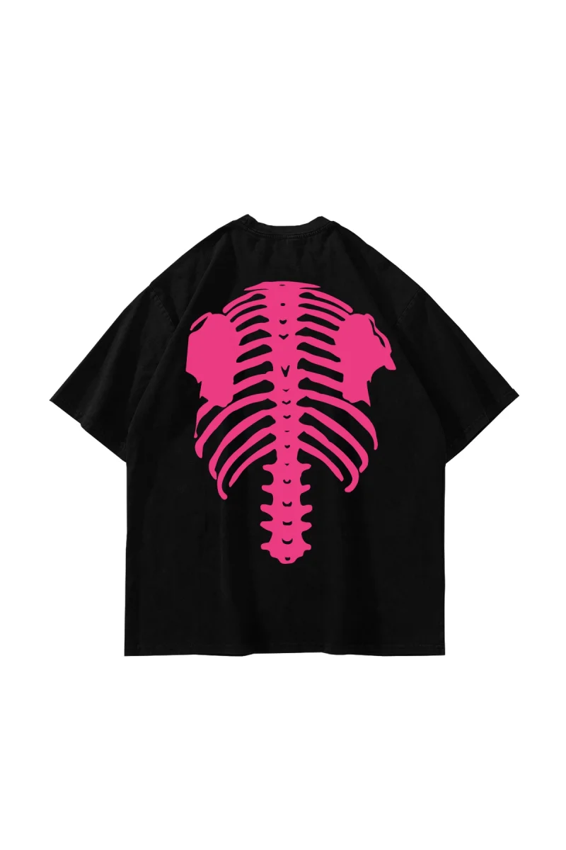 Pink Ribcage Baskılı Oversize Unisex Siyah Tshirt