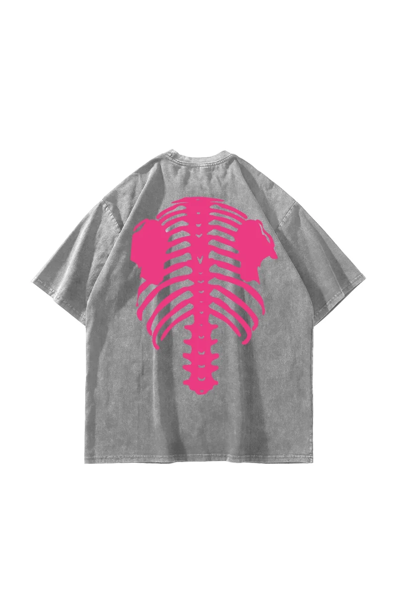 Pink Ribcage Baskılı Oversize Unisex Yıkamalı Beyaz Tshirt