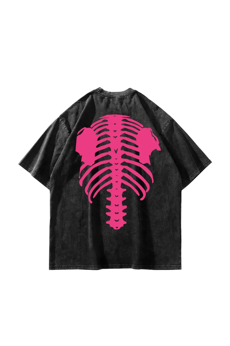 Pink Ribcage Baskılı Oversize Unisex Yıkamalı Siyah Tshirt