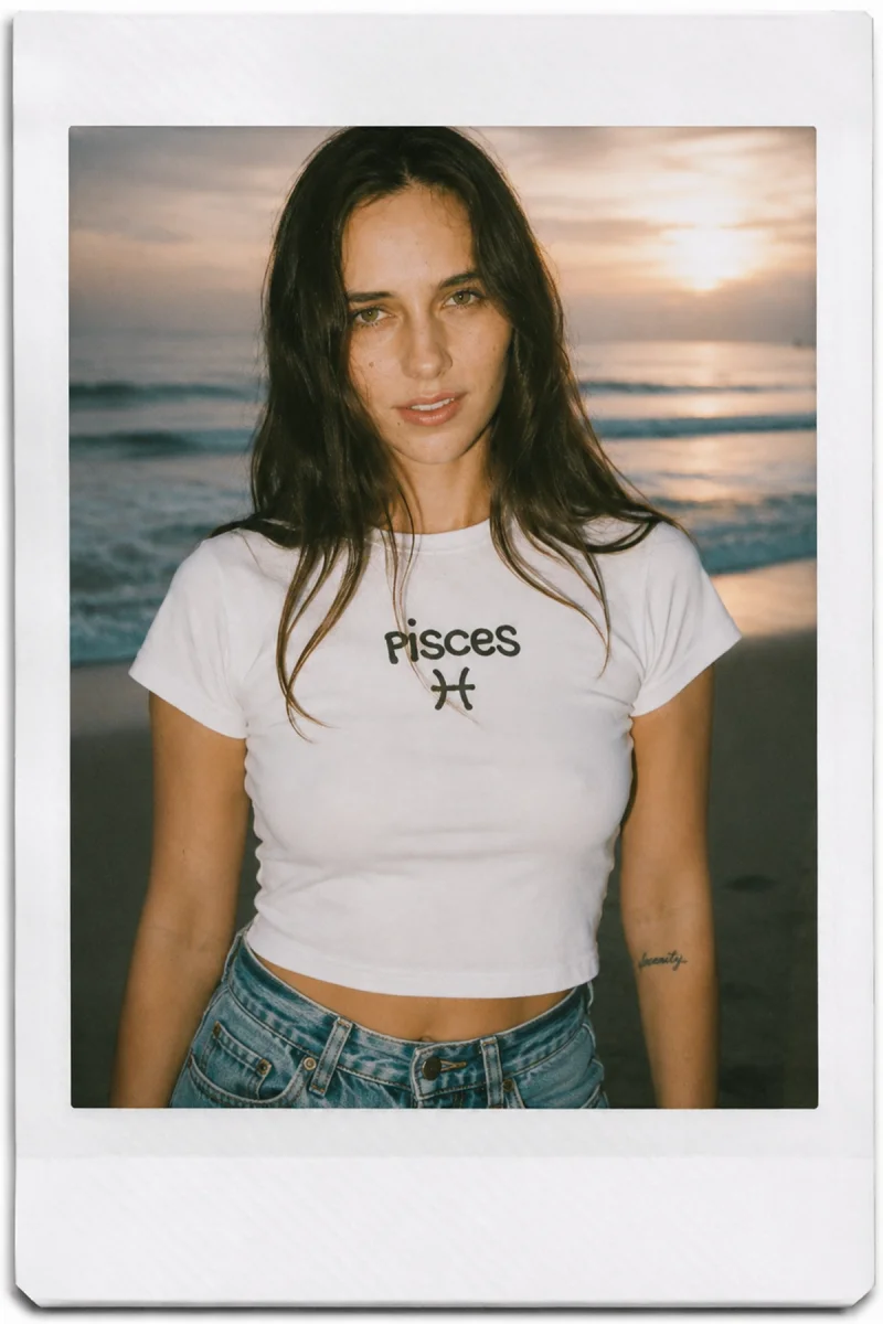 Pisces Baskılı Beyaz Crop Top