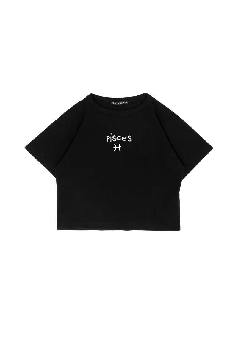 Pisces Baskılı Siyah Crop Top