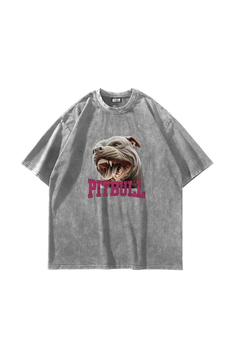 Pitbull Baskılı Oversize Unisex Yıkamalı Beyaz Tshirt