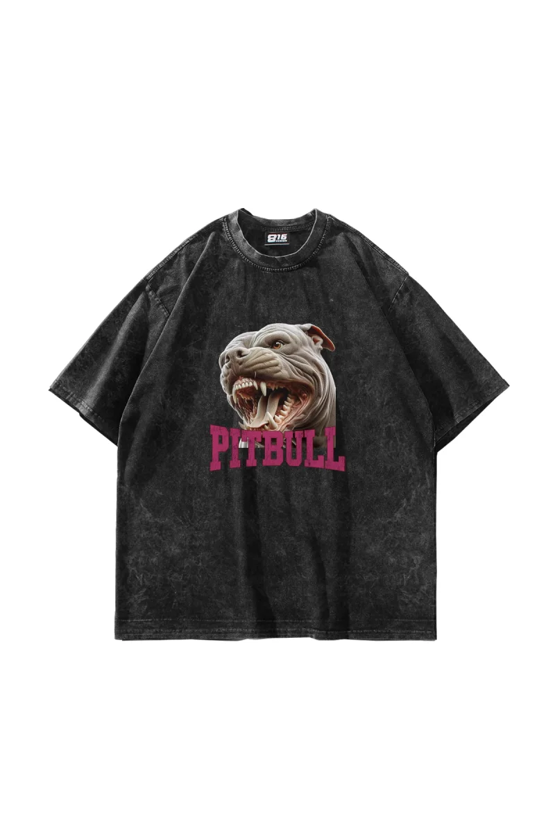 Pitbull Baskılı Oversize Unisex Yıkamalı Siyah Tshirt