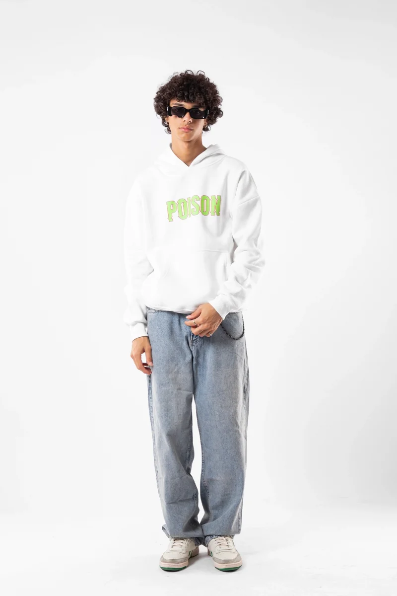 Poison Baskılı Oversize Unisex Beyaz Hoodie