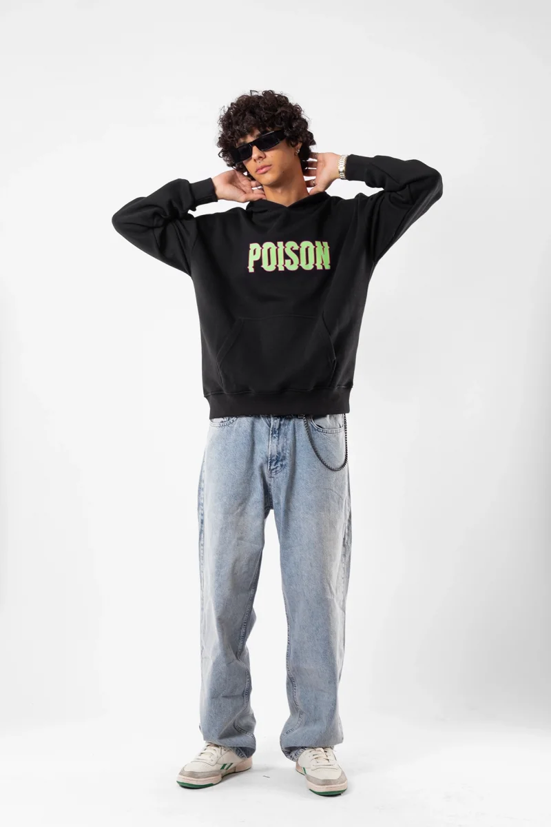 Poison Baskılı Oversize Unisex Siyah Hoodie