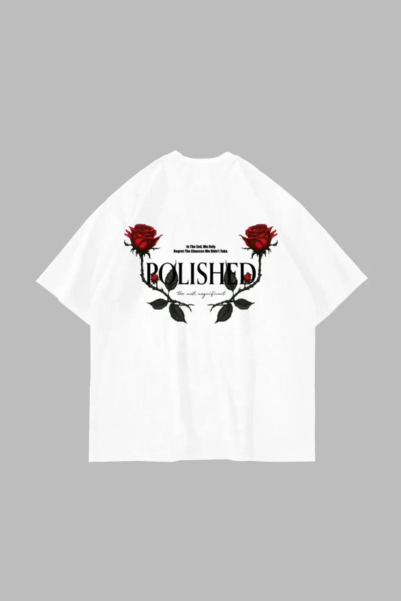 Polished Rose Baskılı Oversize Unisex Beyaz Tshirt