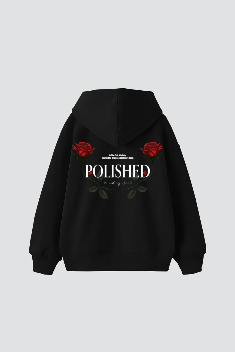 Polished Rose Baskılı Oversize Unisex Siyah Hoodie