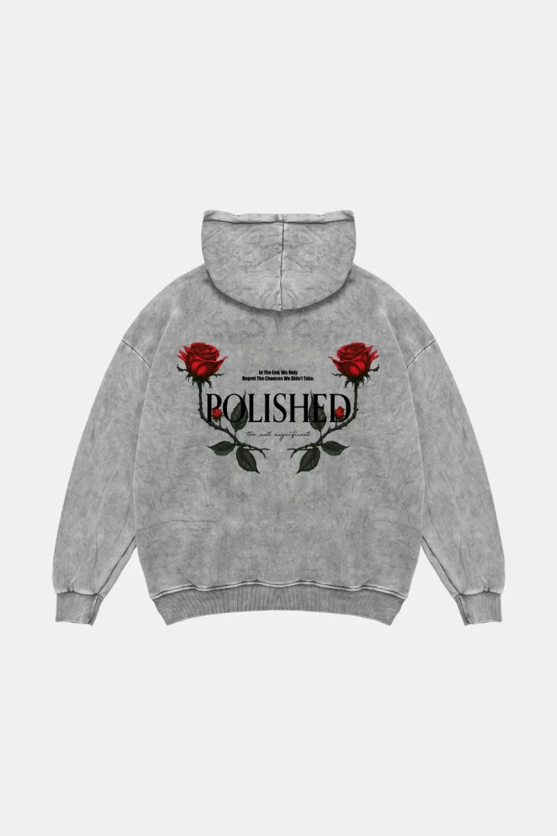 Polished Rose Baskılı Oversize Unisex Yıkamalı Beyaz Hoodie