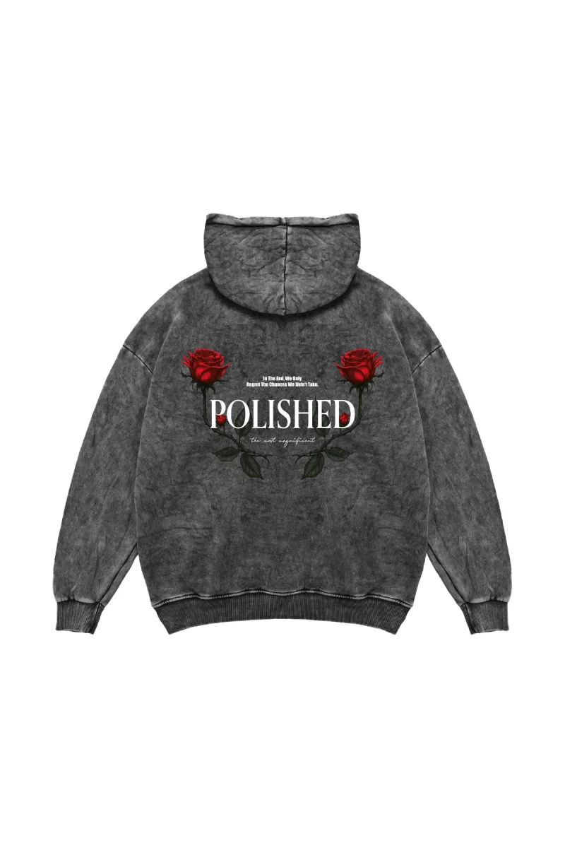 Polished Rose Baskılı Oversize Unisex Yıkamalı Siyah Hoodie
