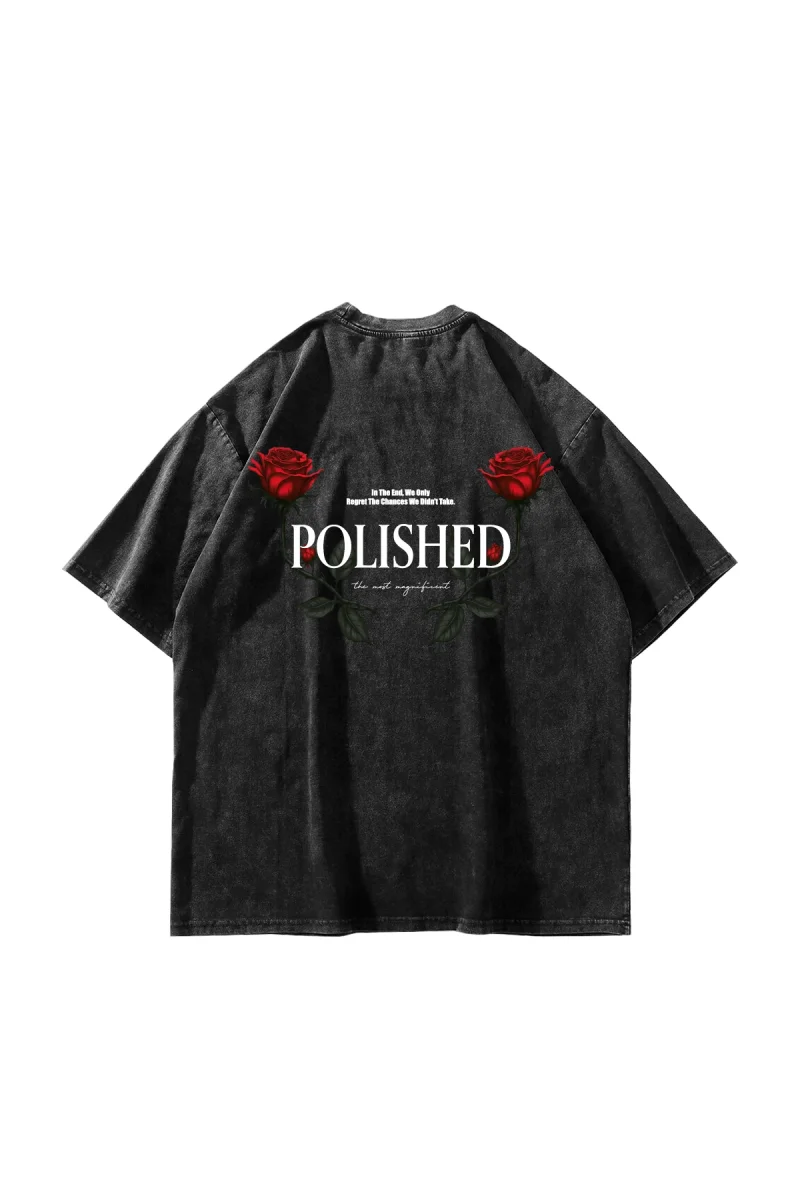 Polished Rose Baskılı Oversize Unisex Yıkamalı Siyah Tshirt