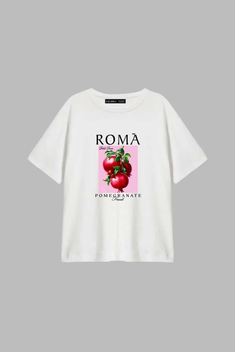 Pomegranate Baskılı Relaxed Fit Beyaz Kadın Tshirt