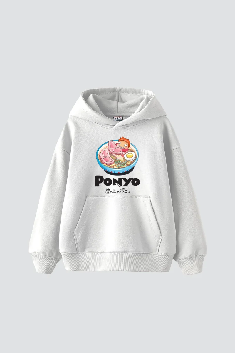 Ponyo Baskılı Oversize Unisex Beyaz Hoodie