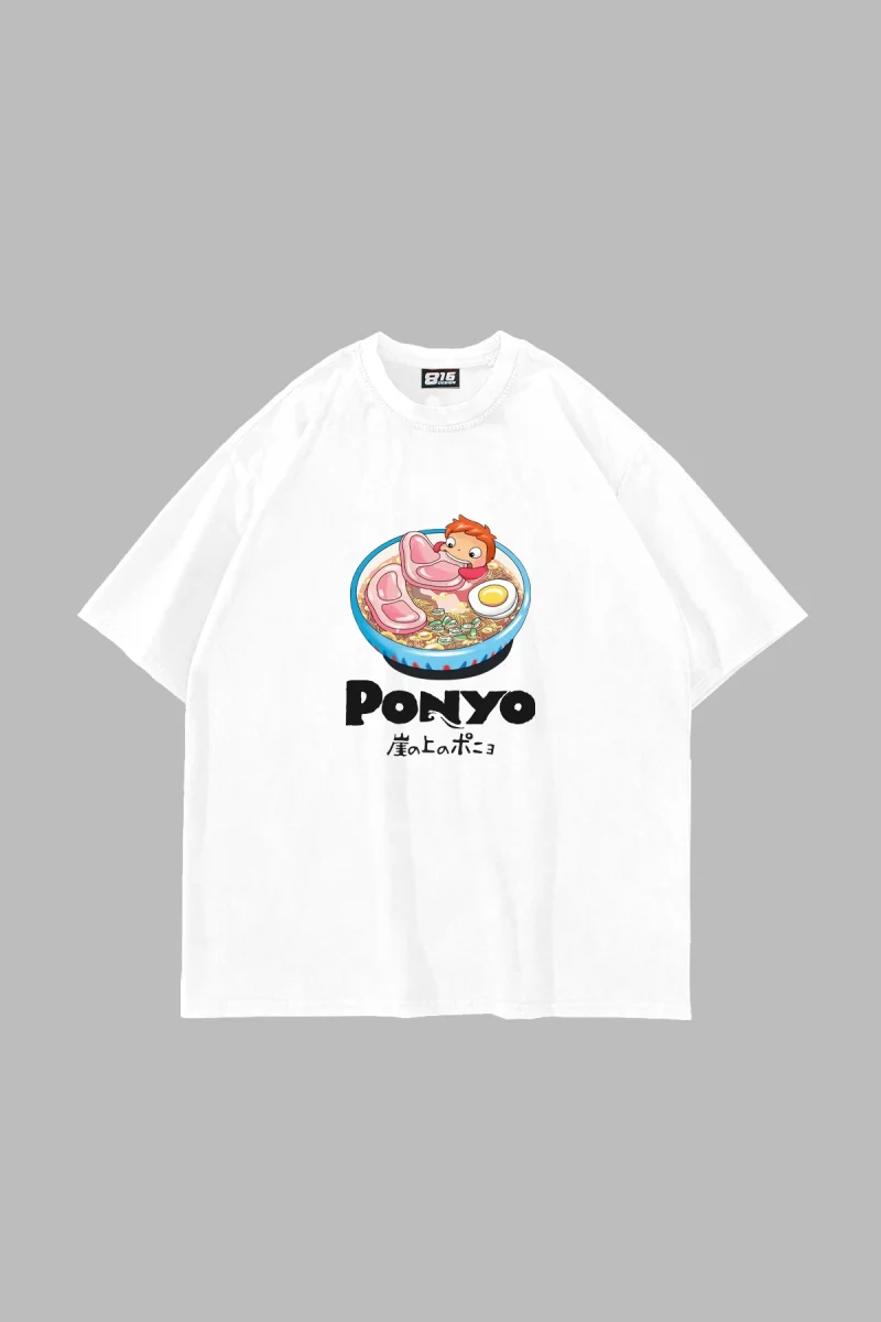 Ponyo Baskılı Oversize Unisex Beyaz Tshirt