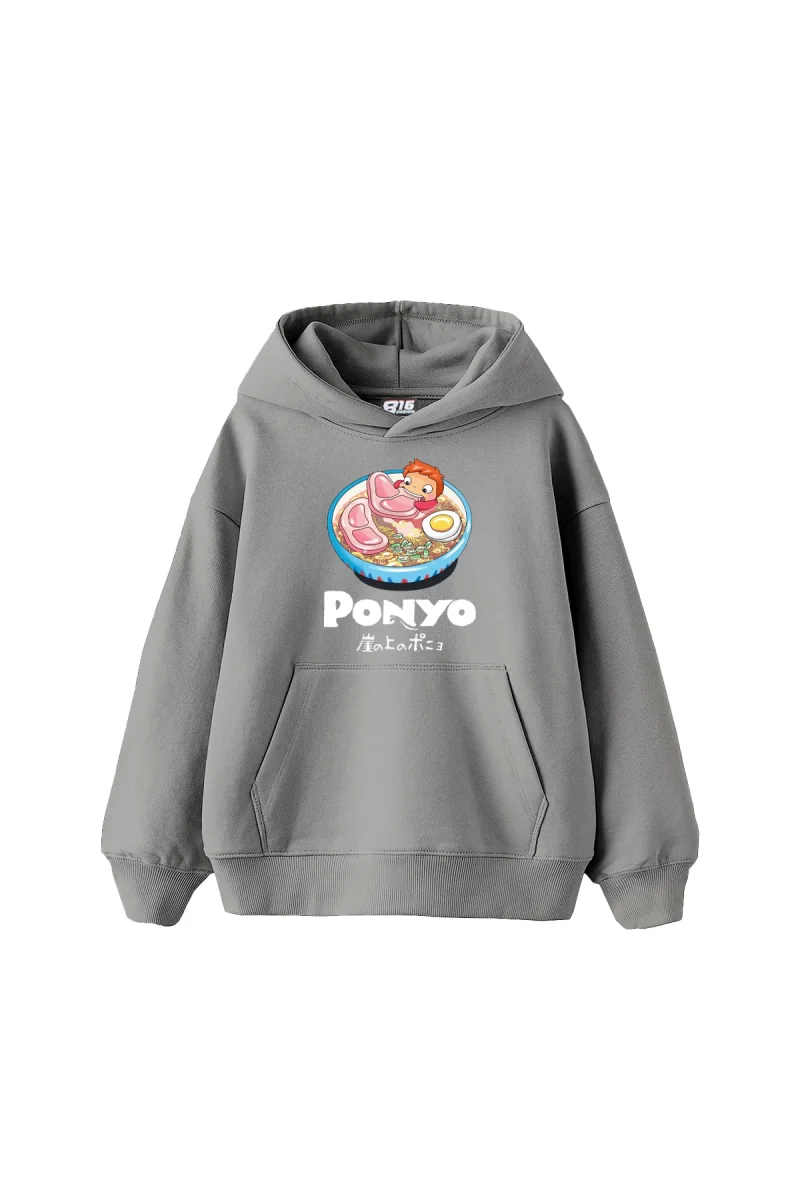 Ponyo Baskılı Oversize Unisex Gri Hoodie