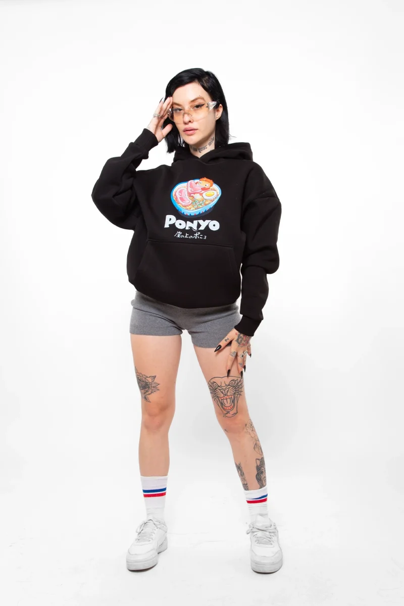 Ponyo Baskılı Oversize Unisex Siyah Hoodie