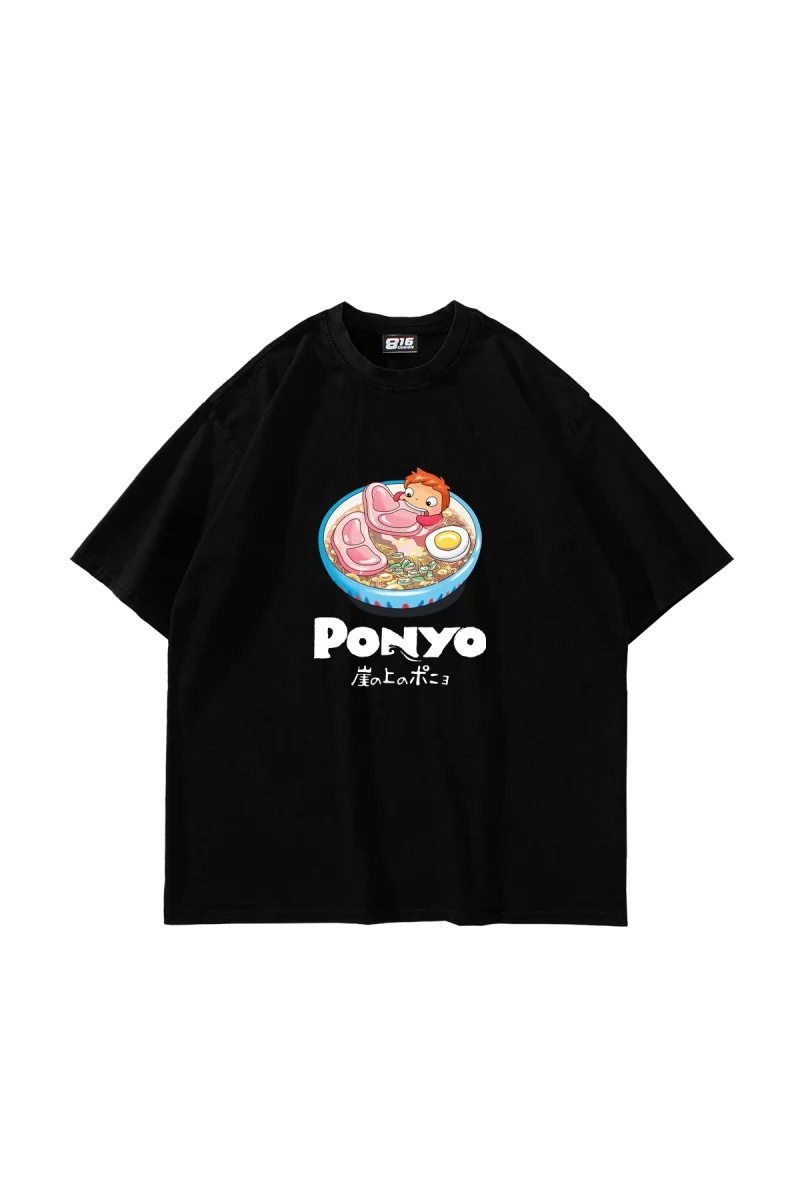 Ponyo Baskılı Oversize Unisex Siyah Tshirt