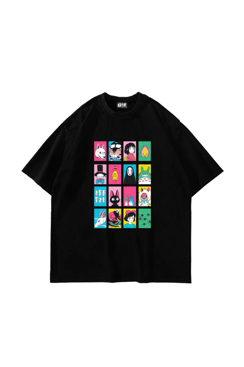 Ghibli Baskılı Oversize Unisex Siyah Tshirt