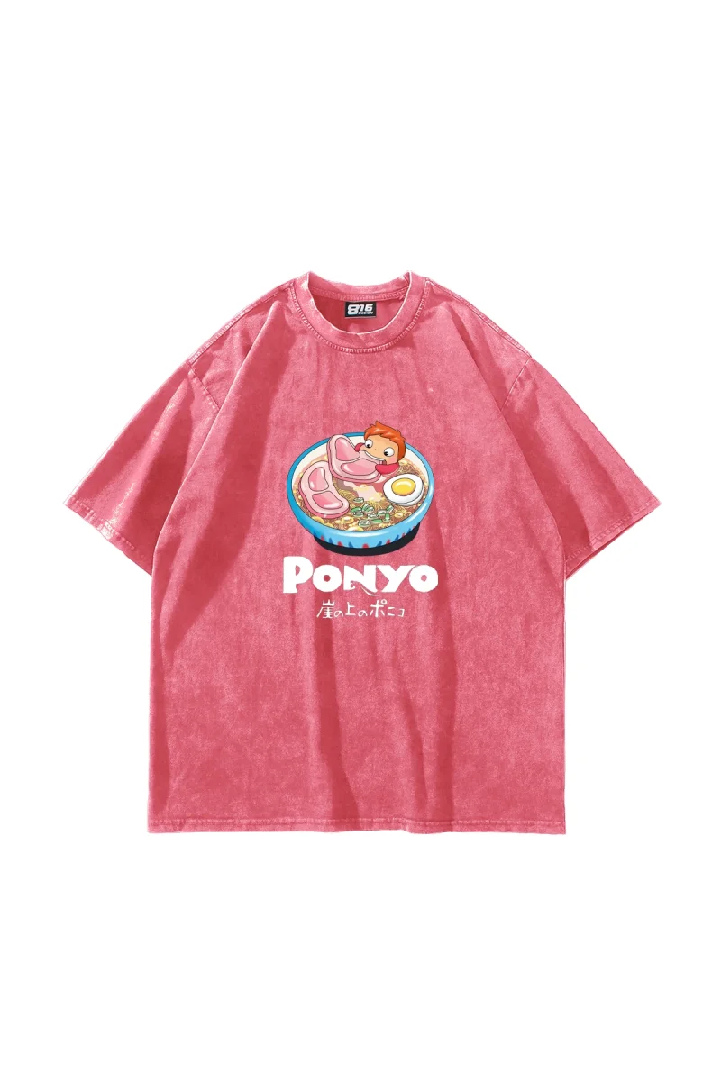 Ponyo Baskılı Oversize Unisex Yıkamalı Pembe Tshirt